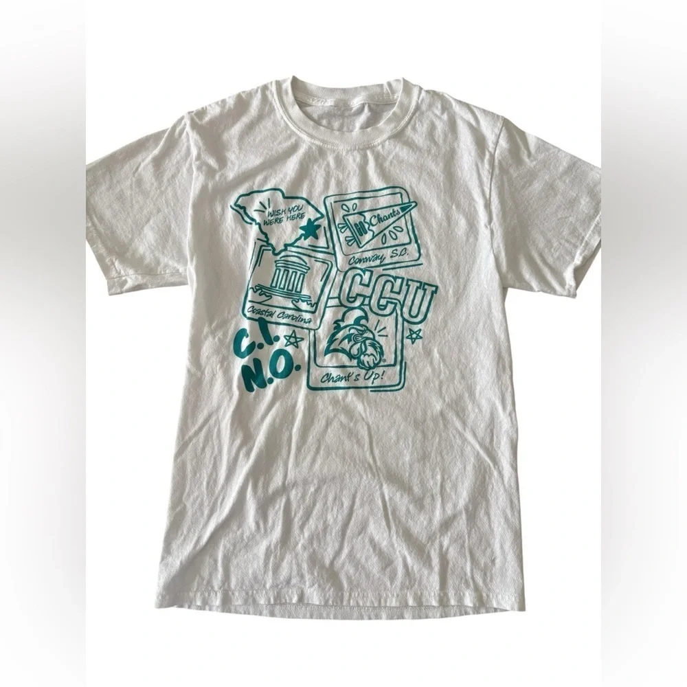 Coastal Carolina University White Graphic T-Shirt with Teal Print